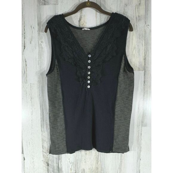 Pol Sleeveless Top Size Large Black Tan Multi Media Lace Waffle Knit Grunge Goth - Picture 1 of 10
